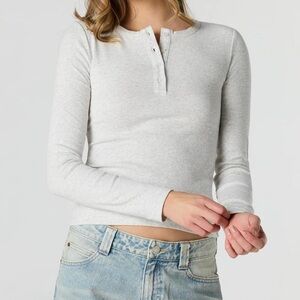Grey Henley Fitted Long Sleeve Top